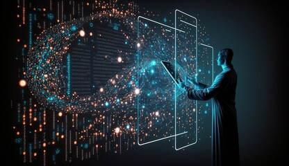 Business and Artificial Intelligence AI, Digital Technology. Software engineer working on digital tablet with computer code and big data, global internet network, software development