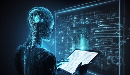 Business and Artificial Intelligence AI, Digital Technology. Software engineer working on digital tablet with computer code and big data, global internet network, software development