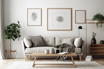 Wall Mural - Living room with couch and furnishings on white wall. Generative AI