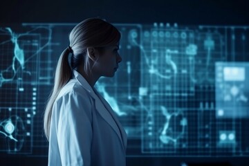 Doctor, icon health and electronic medical record on interface digital healthcare and network. generative AI