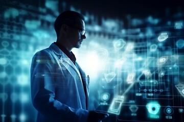 Wall Mural - Doctor, icon health and electronic medical record on interface digital healthcare and network. generative AI