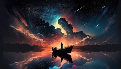 Wall Mural - surreal scenery of the man on a boat in the outer space with stars and clouds in night and sunset ti