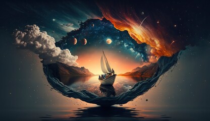 Wall Mural - surreal scenery of the man on a boat in the outer space with stars and clouds in night and sunset ti
