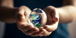 © Bartek - Save Water, Save Earth. A water drop with little Earth inside dropping onto a person hands. Generative AI