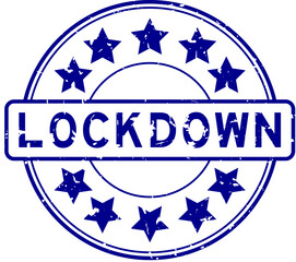 Canvas Print - Grunge blue lockdown word with star icon round rubber seal stamp on white background