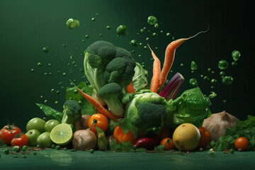 Wall Mural - Levitation mix vegetables and greens with drops of juice water splash, isolated on green background, organic healthy, flying food. Splash of juice, AI generative