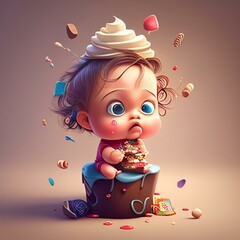 Wall Mural - 3d rendering of a cute little baby eating a birthday cake.