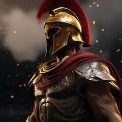 Wall Mural - A spartan wearing intricate gold armour ands red robes. Generative AI.