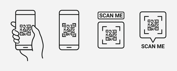 qr code scan icon with smartphone, scan me barcode sign, vector illustration eps 10 icon set.