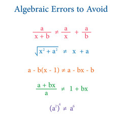 Mathematics errors. Algebra errors to avoid in mathematics. Common mistakes in math. Common algebra errors.