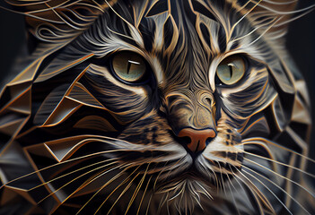 Leinwandbilder - A complex, multi-layered pattern of interlocking shapes that resembles a cat's face.  Generative AI technology.
