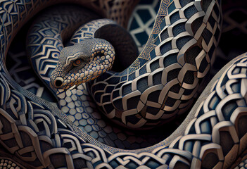 Leinwandbilder - A complex, multi-layered pattern of interlocking shapes that resembles a Snake face.  Generative AI technology.

