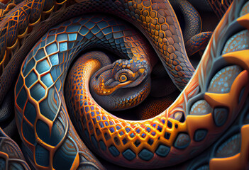 Leinwandbilder - A complex, multi-layered pattern of interlocking shapes that resembles a Snake face.  Generative AI technology.
