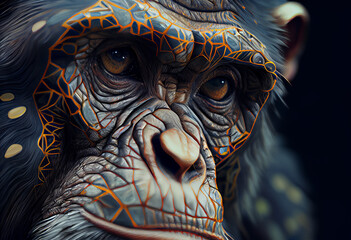 Leinwandbilder - A complex, multi-layered pattern of interlocking shapes that resembles a Monkey face.  Generative AI technology.
