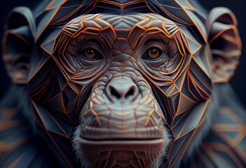 Leinwandbilder - A complex, multi-layered pattern of interlocking shapes that resembles a Monkey face.  Generative AI technology.
