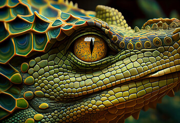 Aufkleber - A complex, multi-layered pattern of interlocking shapes that resembles a Crocodile face.  Generative AI technology.
