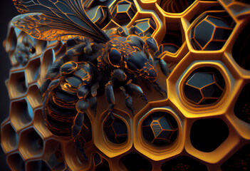 Wall Mural - A complex, multi-layered pattern of interlocking shapes that resembles a Bee.  Generative AI technology.
