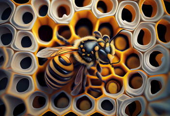 Wall Mural - A complex, multi-layered pattern of interlocking shapes that resembles a Bee.  Generative AI technology.
