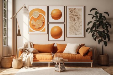 Orange and beige farmhouse bohemian living room frame mock up. Modern wallpaper, couch, and decor. Modern decor,. Generative AI