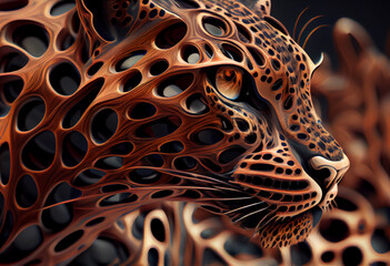 Fototapete - A complex, multi-layered pattern of interlocking shapes that resembles a Leopard  face.  Generative AI technology.
