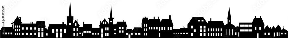 Town skyline silhouette. Small city houses, factory buildings, old ...