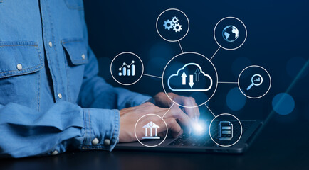 Wall Mural - businessman using computer cloud computing network. cloud technology, data transfer and online data 