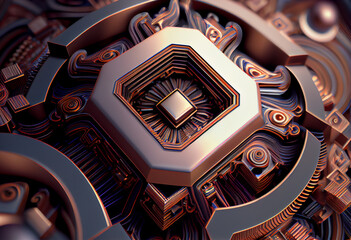 Leinwandbilder - A complex, multi-layered pattern of interlocking shapes that resembles a CPU.  Generative AI technology.

