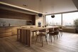 © AkuAku - Contemporary brown wood kitchen, dining area. Dining table and chairs. Parquet. illustration. Generative AI