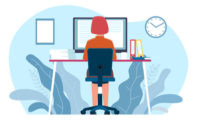 Businesswoman working on computer in office. Woman sitting at desk. Employee or freelancer. Corporate worker workplace. People back view. Cartoon flat style character. Vector business concept