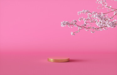 Poster - Natural beauty podium backdrop with spring sakura cherry blossom tree branch. 3d rendering.