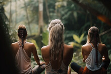Girls Making Yoga In The Lotus Position. Tropical Background