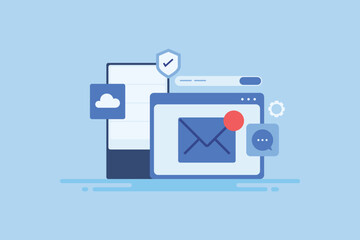 Web hosting service, secure communication network connection, cloud computing technology vector illustration.