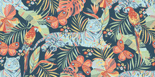 Colorful Exotic Seamless Pattern, Wallpaper, Fabric Print Design. Tropical Leaves, Flowers, Tiger, Parrot, Butterfly Abstract Endless Background. 
