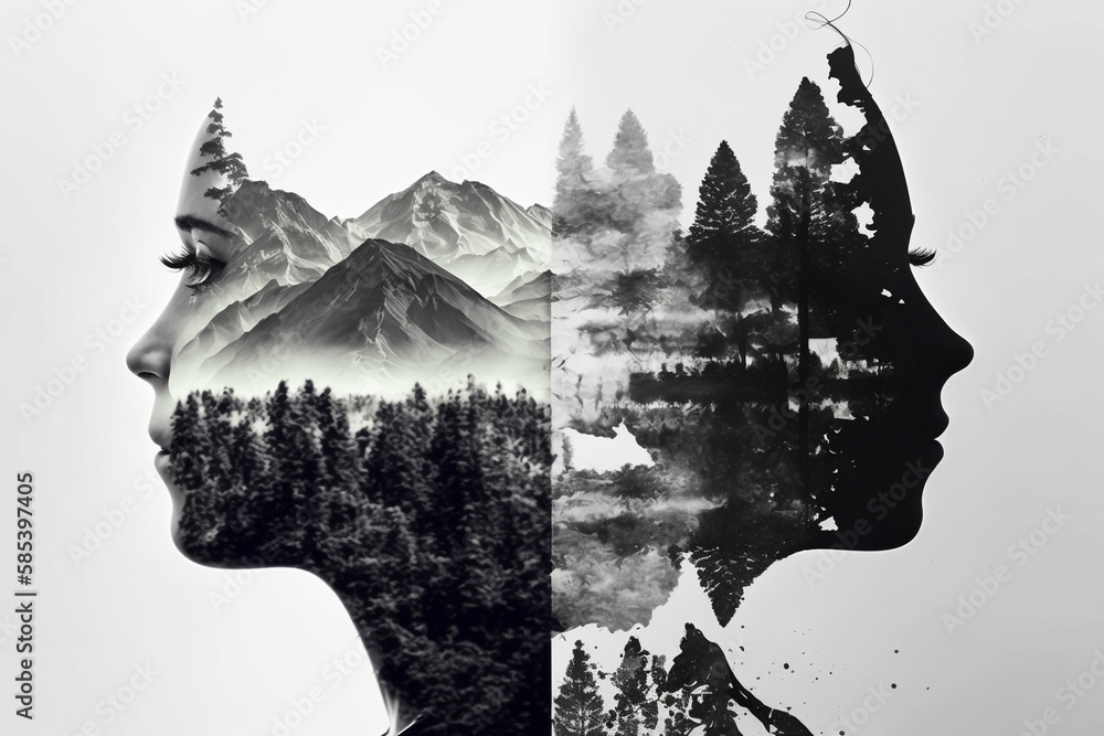 Generative AI of a double exposure with two faces and nature. Stock ...