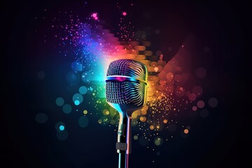 Bright music poster with microphone of glitter place for text. Vector illustration, Generative AI