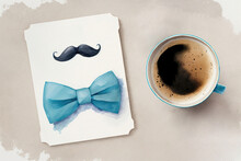 Postcard Drawn Bow Tie And Mustache, Cup Of Coffee, Light Background Top View. Holiday Card Template. Illustration Generated By AI