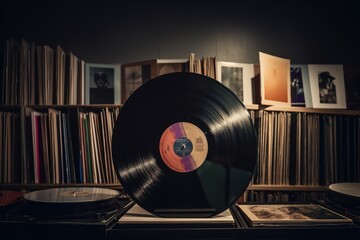 Vinyl record in front of a collection of albums, vintage music concep