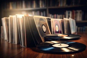 Wall Mural - Vinyl record in front of a collection of albums, vintage music concep