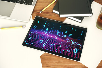 Wall Mural - Creative abstract binary code hologram on modern digital tablet display, AI and machine learning concept. Top view. 3D Rendering