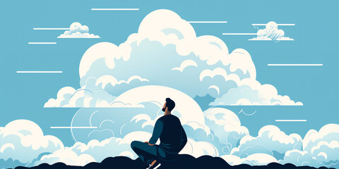 A person meditating on a cloud with a clear blue sky in background. cloud could have a thought bubble with positive affirmations or inspiring quotes. Generative AI.