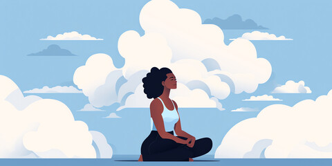 A person meditating on a cloud with a clear blue sky in background. cloud could have a thought bubble with positive affirmations or inspiring quotes. Generative AI.
