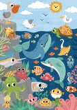 Fototapeta Do akwarium - Vector under the sea landscape illustration with rock slope. Ocean life scene with animals, dolphin, whale, shark, seagull, pelican, sun. Cute vertical water nature background for kids.
