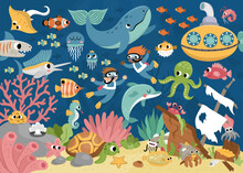 Vector Under The Sea Landscape Illustration. Ocean Life Scene With Animals, Dolphin, Whale, Submarine, Divers, Wrecked Ship. Cute Horizontal Water Nature Background. Aquatic Picture For Kids.
