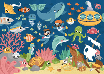 Wall Mural - Vector under the sea landscape illustration. Ocean life scene with animals, dolphin, whale, submarine, divers, wrecked ship. Cute horizontal water nature background. Aquatic picture for kids.