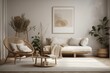 © AkuAku - Scandinavian style minimalist living room backdrop. Generative AI