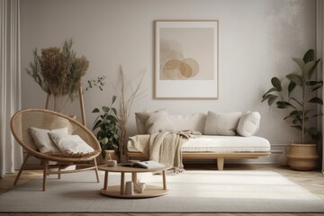 Canvas Print - Scandinavian style minimalist living room backdrop. Generative AI