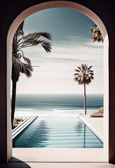 Wall Mural - exterior of home in palm with swimming pool, AI Generated