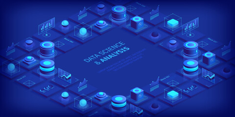 Modern isometric design concept of data science and analysis. Technology background. Illustration for websites, landing pages, mobile applications, posters and banners