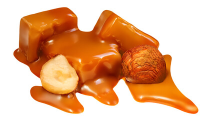 Sweet melted caramel  isolated on white background. Caramel toffee sauce  with hazel nuts.