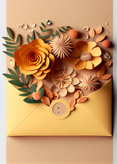 Wall Mural - Opened envelope with paper flowers on light background, top view. AI Generated